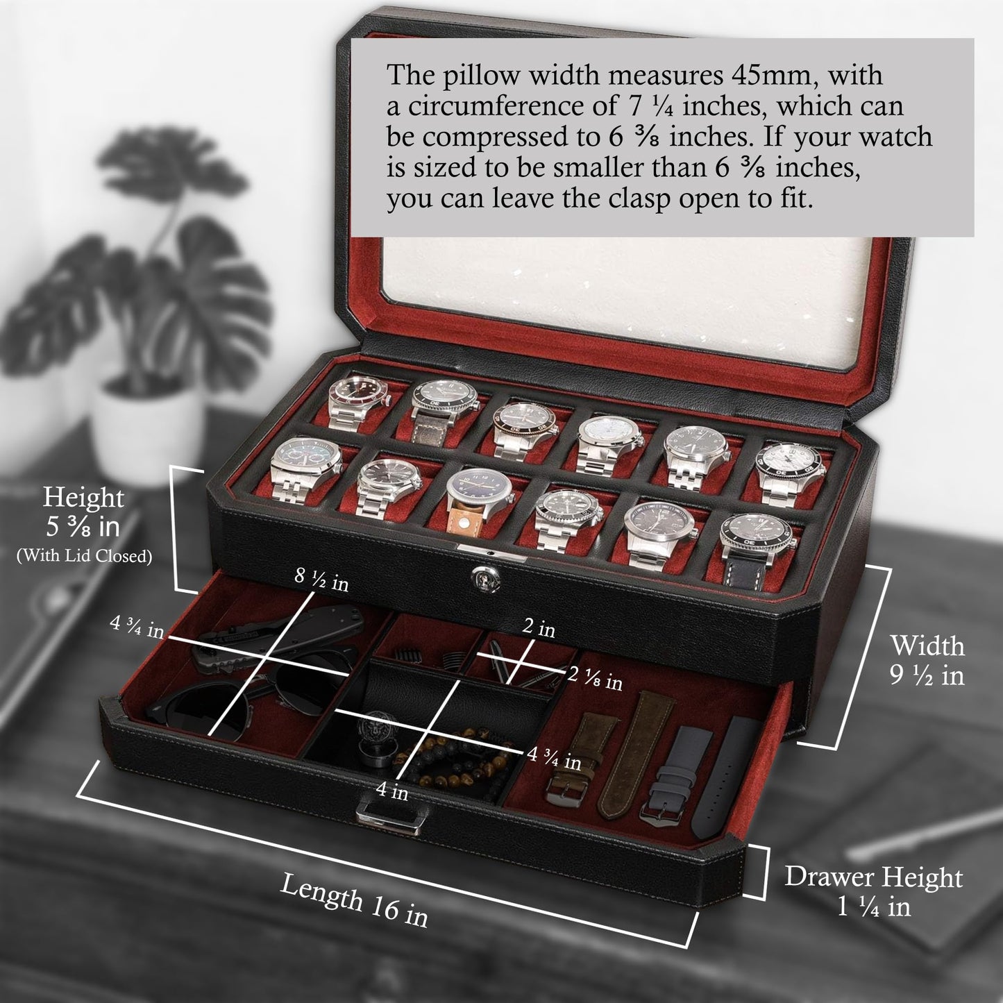 ROTHWELL 12 Slot Leather Watch Box with Valet Drawer - 12 Slot Luxury Watch Case Display Organizer, Microsuede Liner, Mens Accessories Holder, Jewelry Case, Jewelry Display Organizer - Black/Red