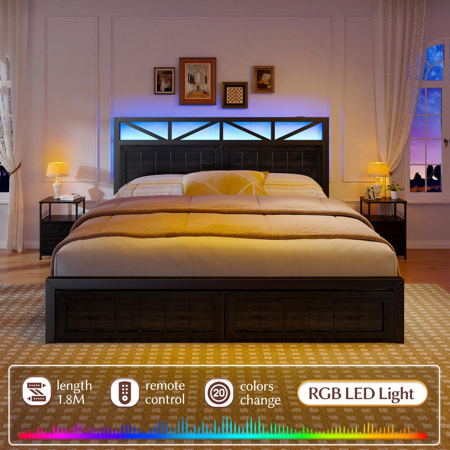EnHomee Full Size Bed Frame with 2 Storage Drawers and Headboard Built in Charging Station & LED Light,NO Noise,No Box Spring Needed,Black