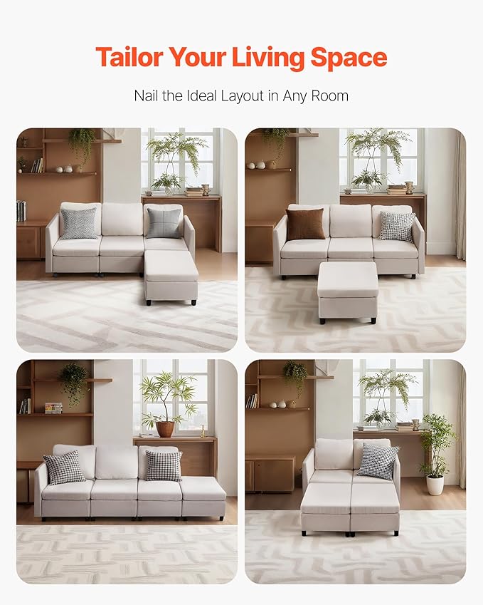 VEVOR Modular Sectional Sofa, 3-Seater Modular Sofa with Hidden Storage, Customizable Cloud Sectional Couch with Ottoman, Solid Wood Frame Upholstered Couch for Living Room, Bedroom, Beige