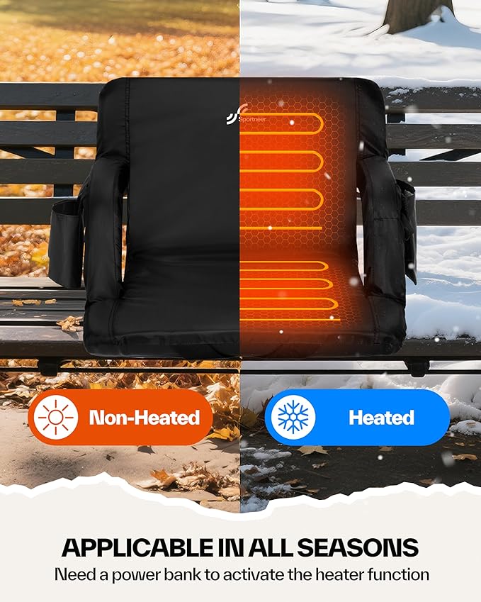 Sportneer Heated Stadium Seats with Back Support: 6 Adjustable Angles Extra Wide Bleacher Seat with Dual Heating Zones - 2.5" Padded Stadium Seats for Sports Outdoors(Power Bank Not Included)