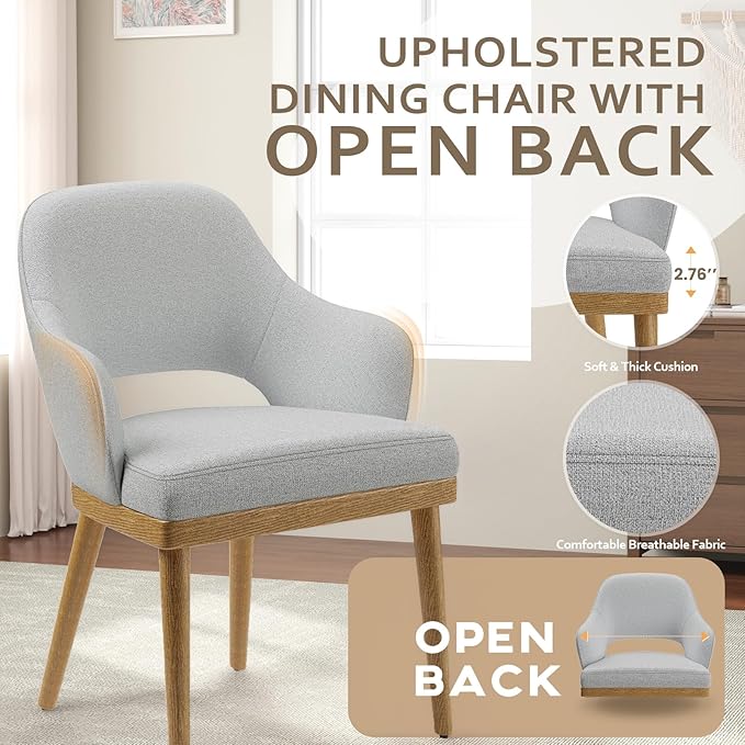 MALOL Wooden Dining Chairs Set of 6, Modern Fabric Upholstered Dining Room Chair, Kitchen Side Chairs, Farmhouse Dinner Chair with Open Back for Kitchen, Lightgrey