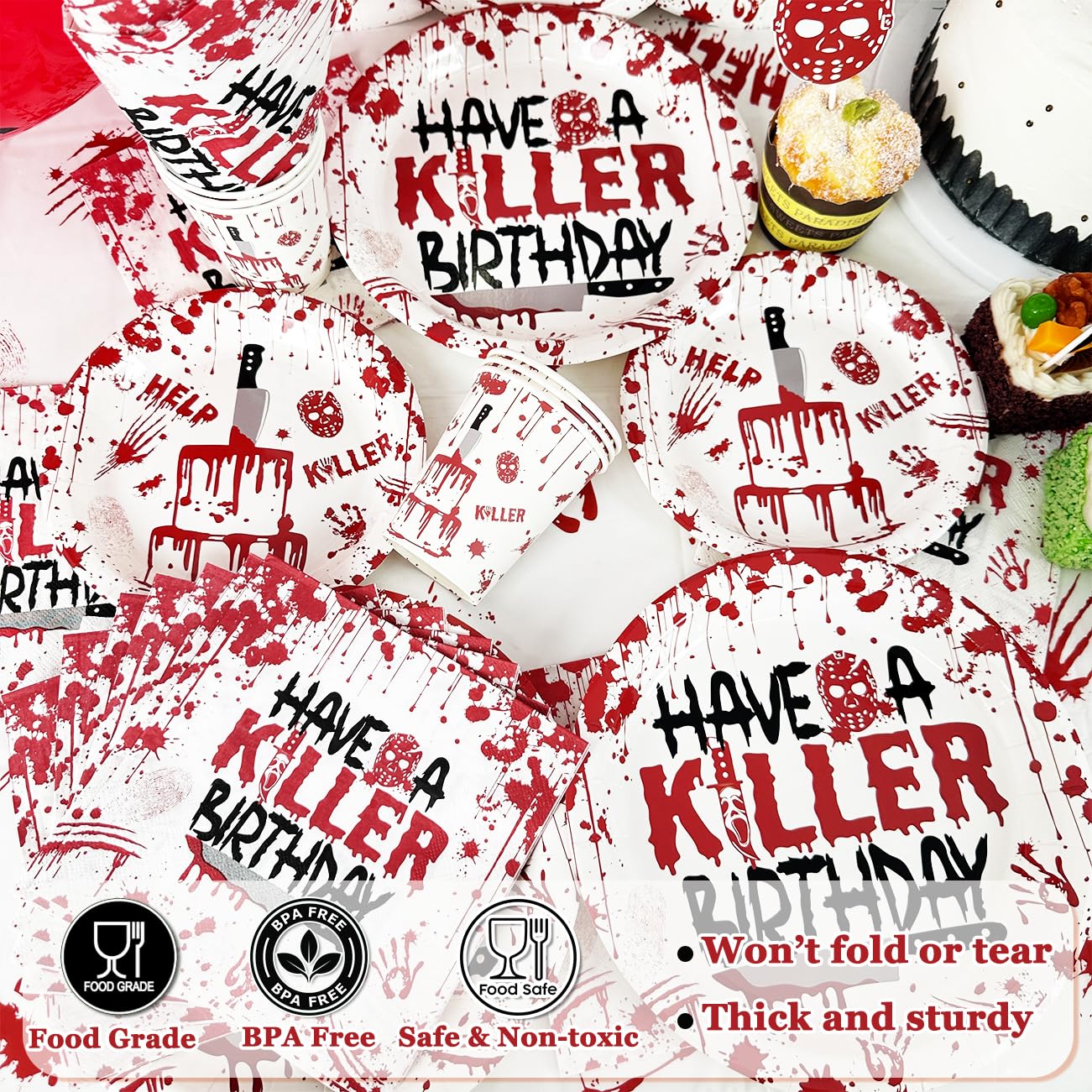 Halloween Birthday Party Decorations Have a Killer Birthday Decorations Scary Bloody Hand Plates Napkins Cups Have a Killer Banner Tablecloth Balloon for Halloween Horror Movie Decor
