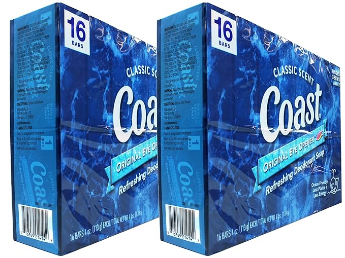 Coast Deodorant Soap Bars Classic Pacific Force Scent, 16 Count (Pack of 2)