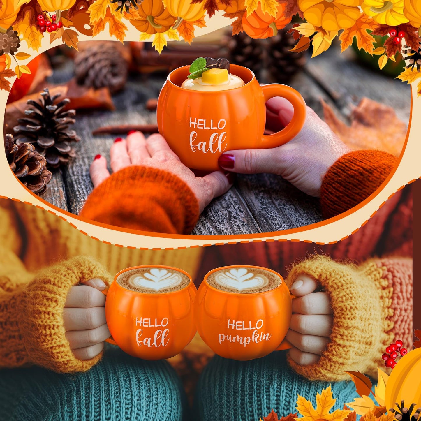 GlikCeil 2 Pcs Fall Pumpkin Coffee Mugs Thanksgiving Tiered Tray Decoration Autumn Ceramic Spice Cups 17 oz for Home Kitchen Fall Y'all Table Centerpieces Farmhouse Accessories Housewarming Gift