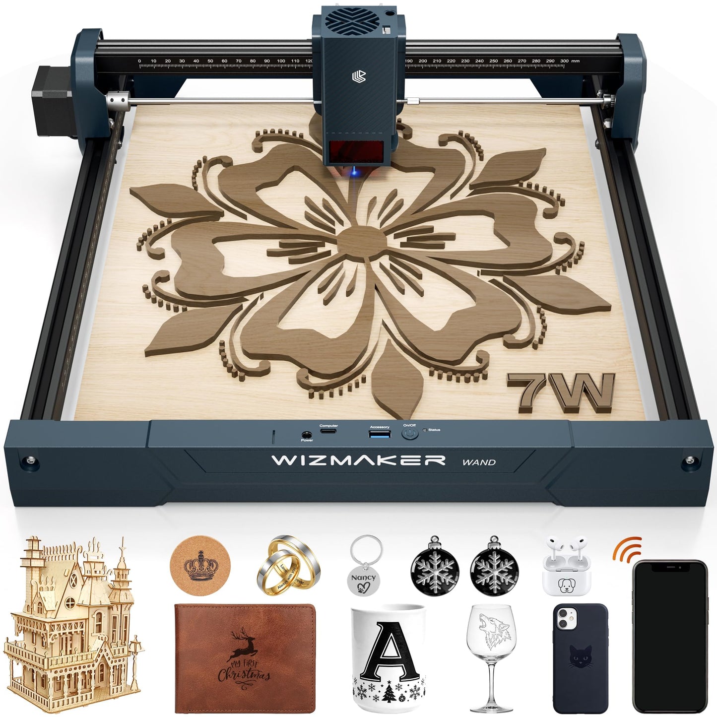 Wizmaker Wand Laser Engraver, 7W Output Power Engraver, 300x300mm Processing Area, 10000 mm/min Processing Speed, Suitable for Processing Wood, Leather, Coated Metal, Acrylic