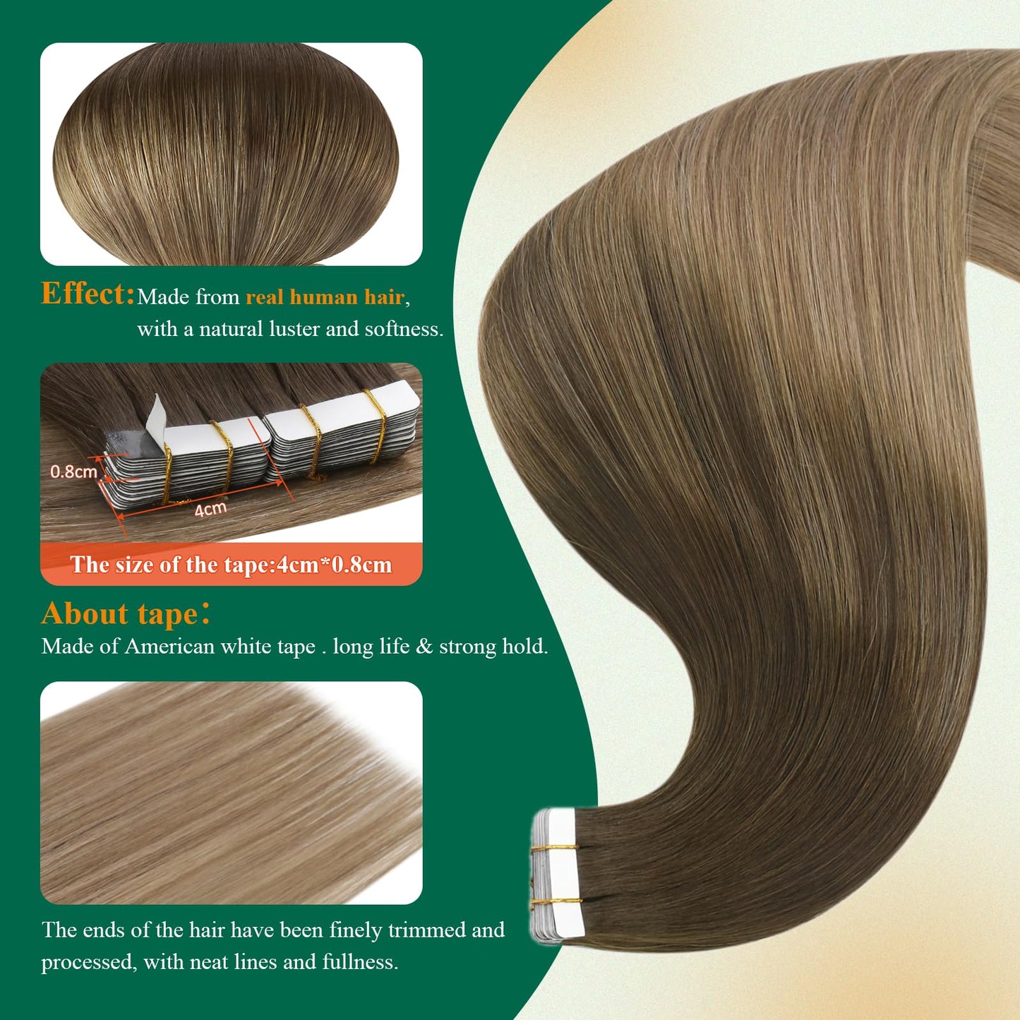 Easyouth Tape in Hair Extensions Ombre Tape in Human Hair Extensions Dark Brown with Medium Brown Ombre Golden Blonde Remy Human