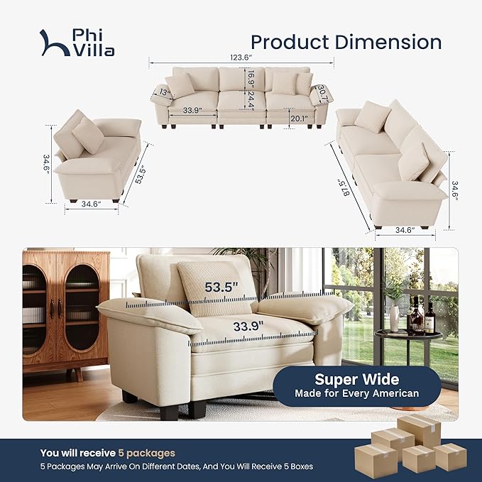 PHI VILLA Cloud Modular Couches Sets, 3 Pieces Large Sectional Sofa Set with Loveseats & Single Sofa, 6-Seater Upholstered Couch for Living Room, Chenille Fabric, Beige