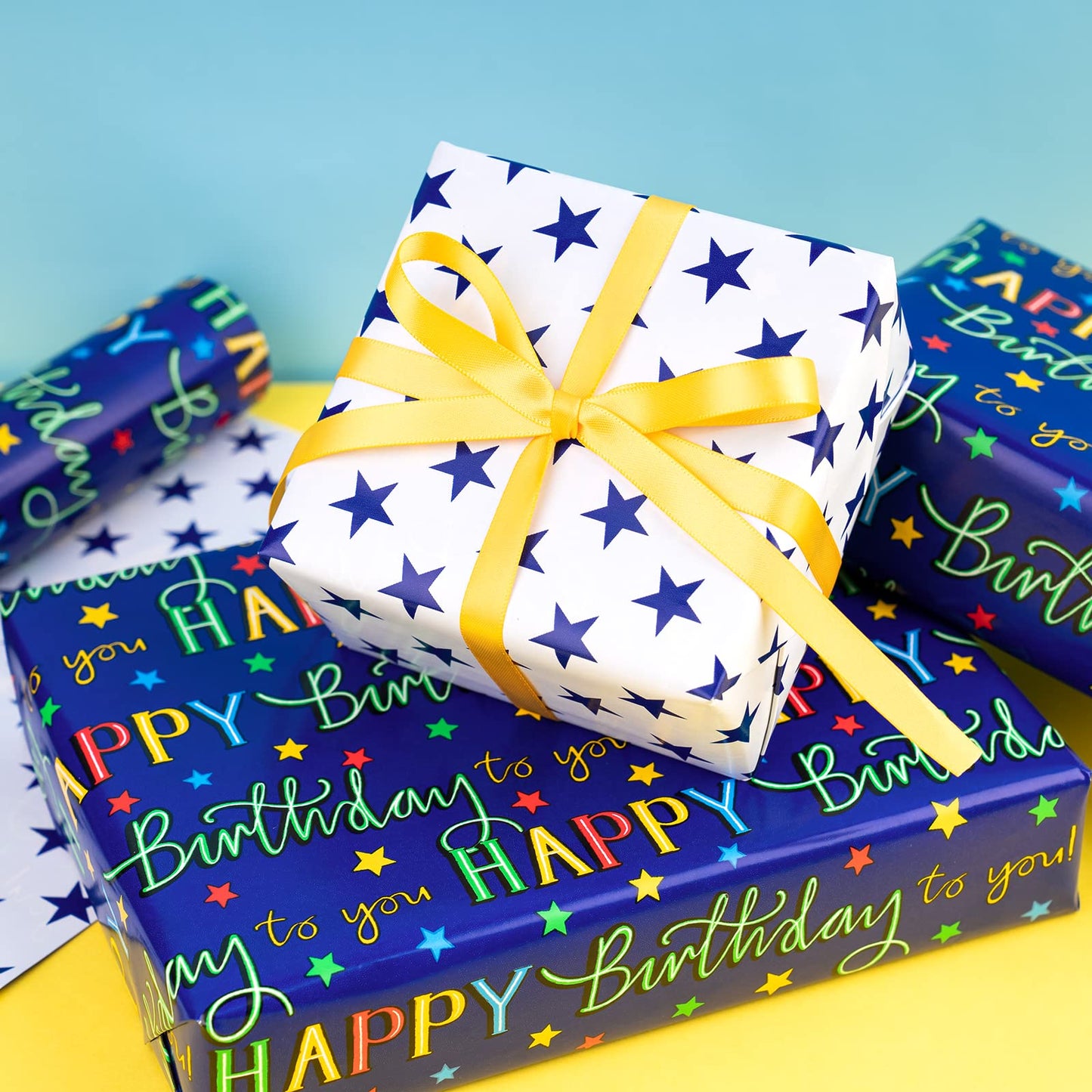 WRAPAHOLIC Jumbo Reversible Birthday Wrapping Paper - 30 Inch x 33 Feet - Colorful Happy Birthday Lettering and Stars Design for Birthday Party, Baby Shower, Holiday