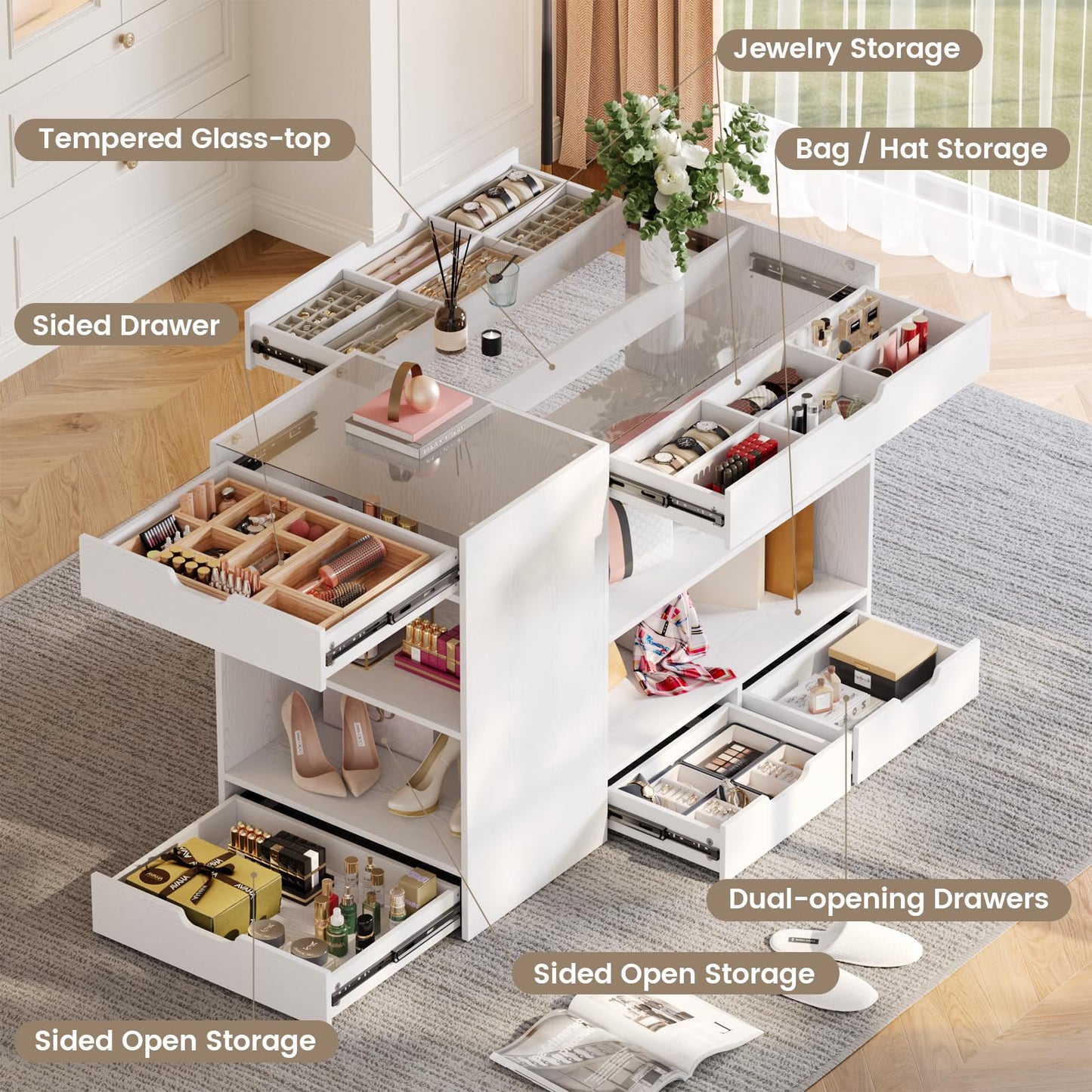 ANCTOR Closet Island, Bedroom Wardrobe Armoire with 8 Drawers and 2 Shelves, Dresser with Glass Top Display, Walk-in Closet Island Jewelry Dresser for Bedroom, Cloakroom, White
