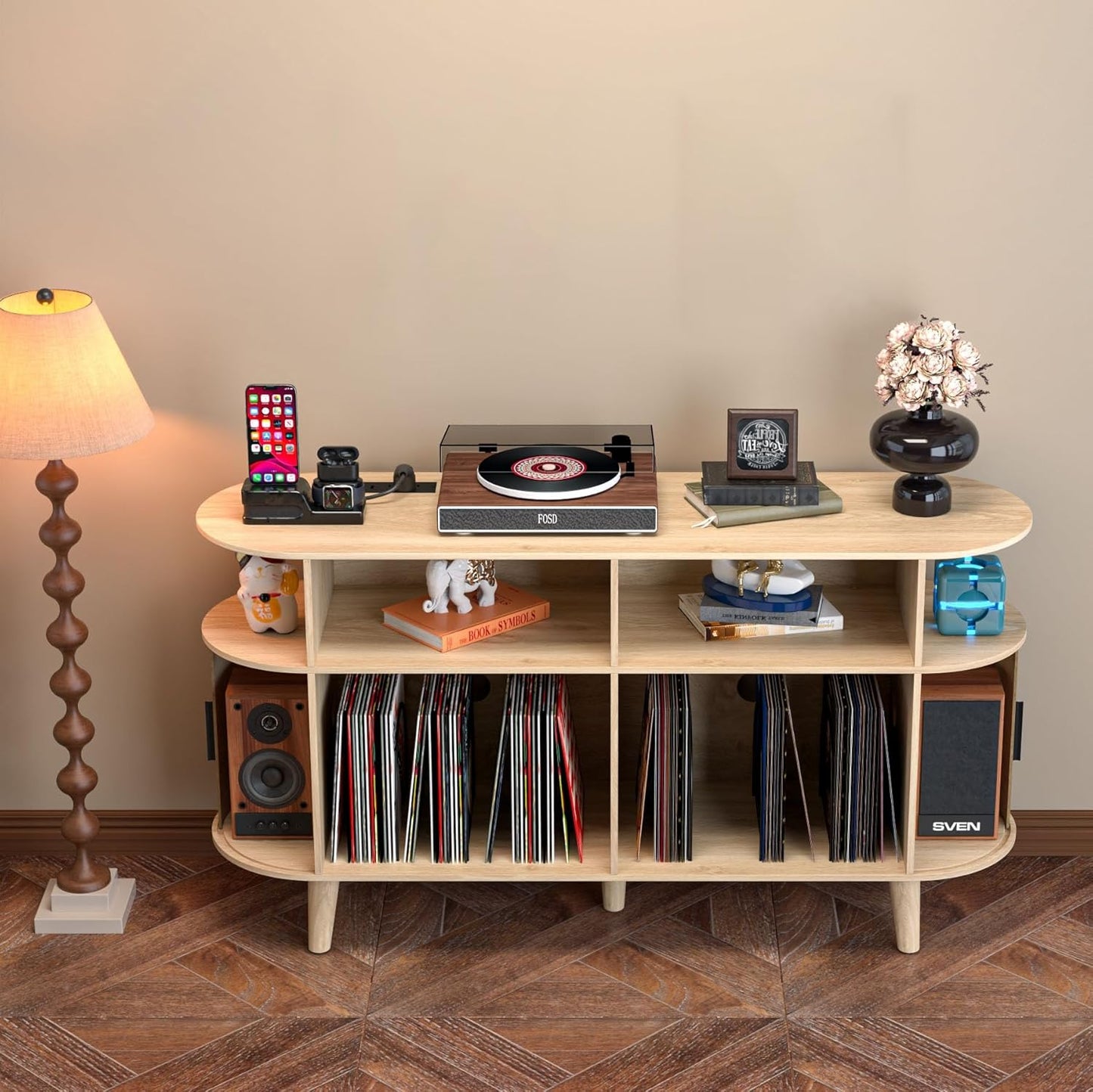 Large Round Record Player Stand with Charging Station & USB Ports，Record Storage Cabinet, Mid Century Modern Turntable Stand for Bedroom Living Room (Oak)