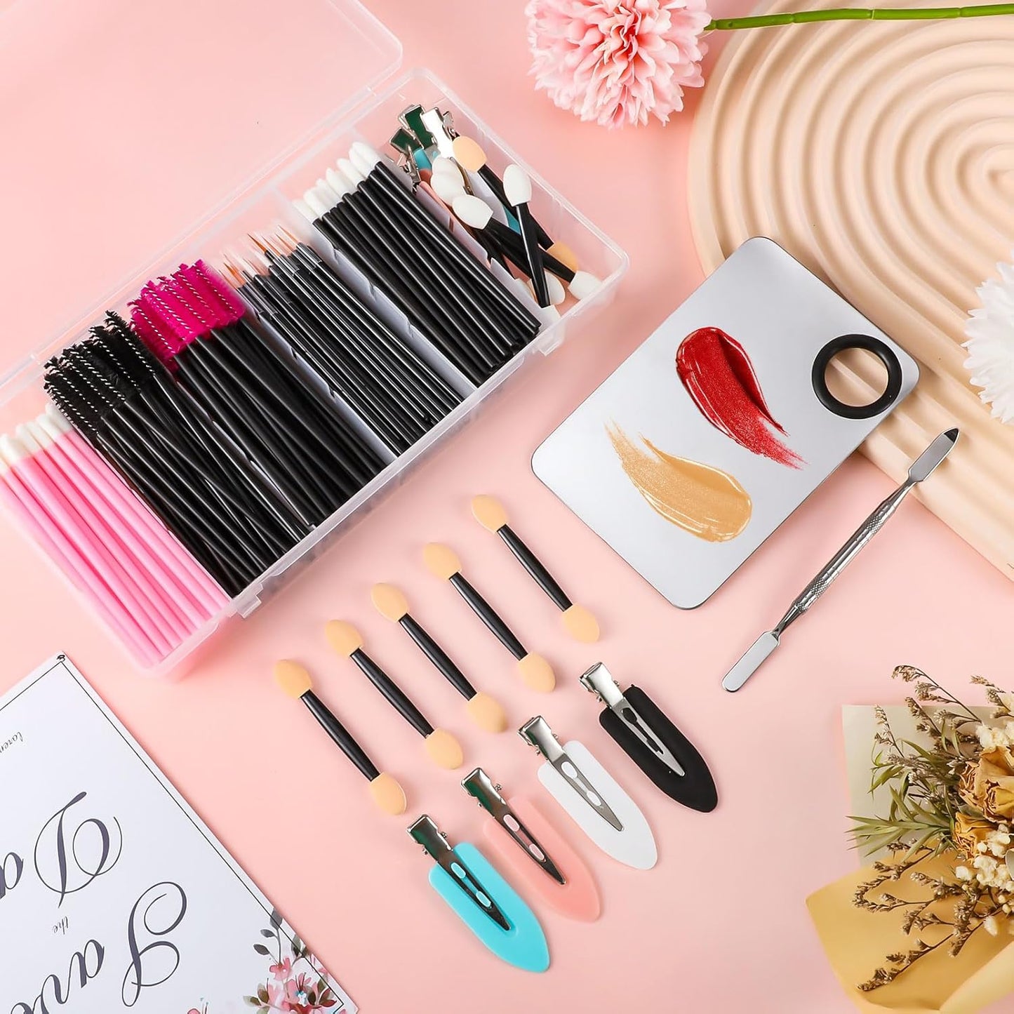 Disposable Makeup Applicators Tools Kit, 100 Mascara Wands 100 Lipstick Applicators 50 Disposable Eyeliner Brushes 10 Eye Shadow Brush with Organizer Box