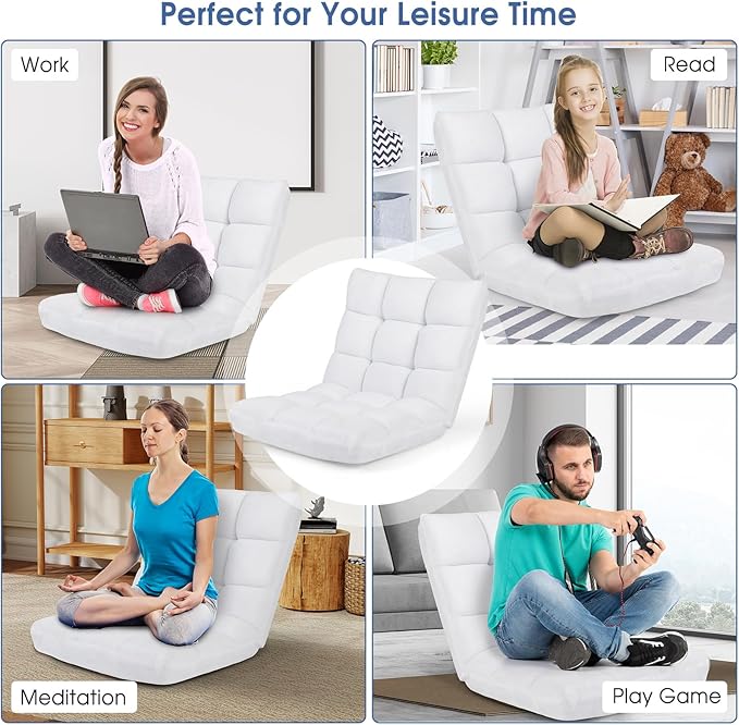 MAT EXPERT 14-Position Floor Chair, Floor Gaming Chair w/Soft Coral Fleece, Alloy Steel Frame, Padded Lazy Couch Recliner, Floor Chair w/Back Support for Reading, Meditating (White)