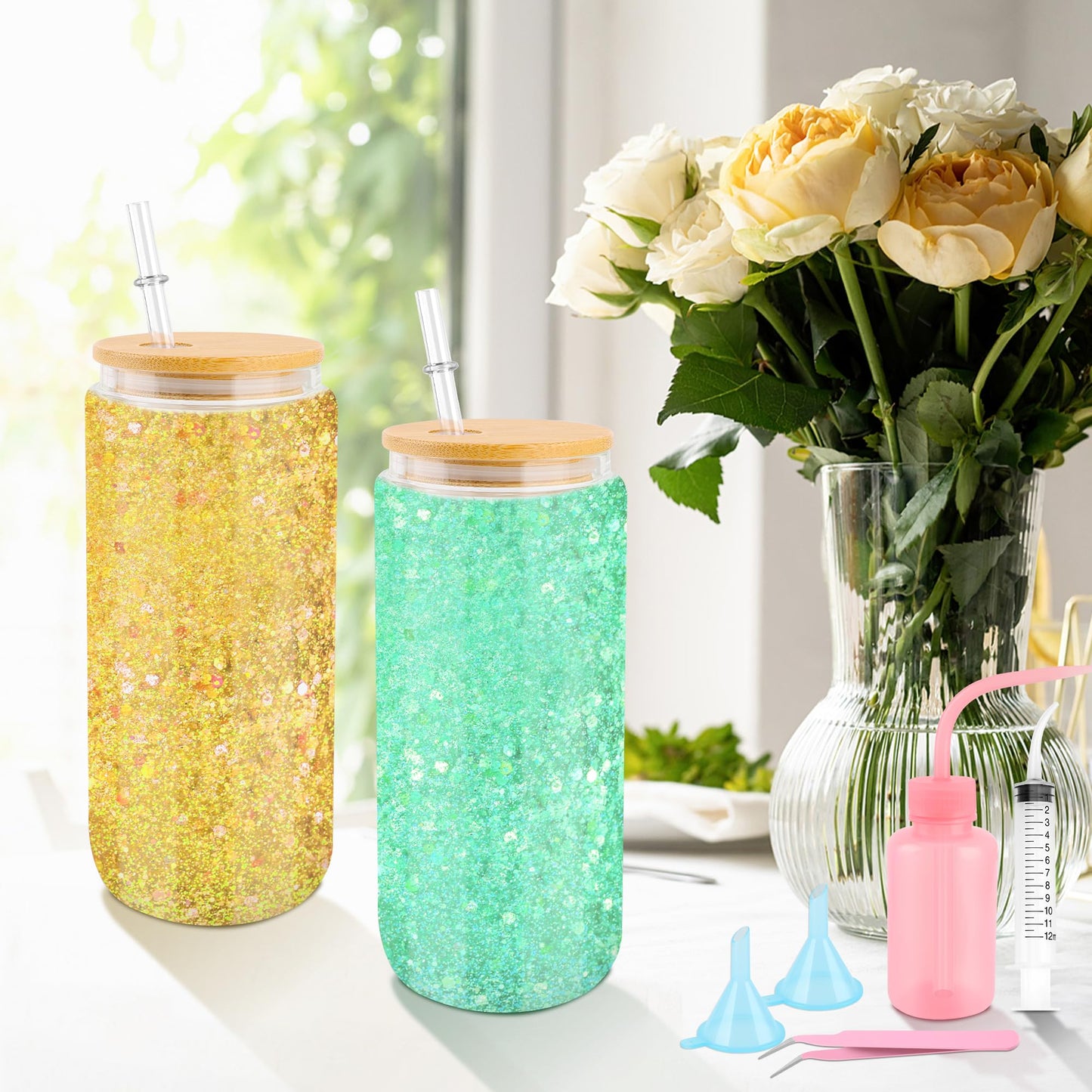 7 PCS Snow Globe Tumbler Supplies, Anglecai Snow Globe Cup DIY Tool for Glitter Snow Globe Kit with 2P 16oz Pre Drilled Double Wall Cup, Squeeze Bottle, 2P Funnel, Tweezer, Bent Syringe