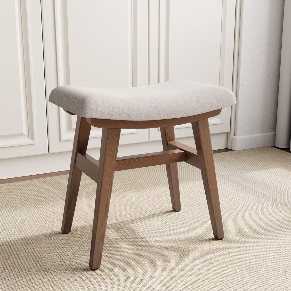 Muwuele Solid Wood Small Vanity Stool with Saddle Cushion, High-Rebound Sponge Seat, Easy Assembly Makeup Chair, Footstool for Bedroom, Entryway, Walnut