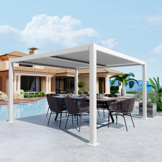 Kozyard Outdoor Louvered Pergola Sun Shade Aluminum Pergola Rainproof Gazebo with Adjustable Roof for Outdoor Deck Patio Garden Yard (White, 10' x 12')