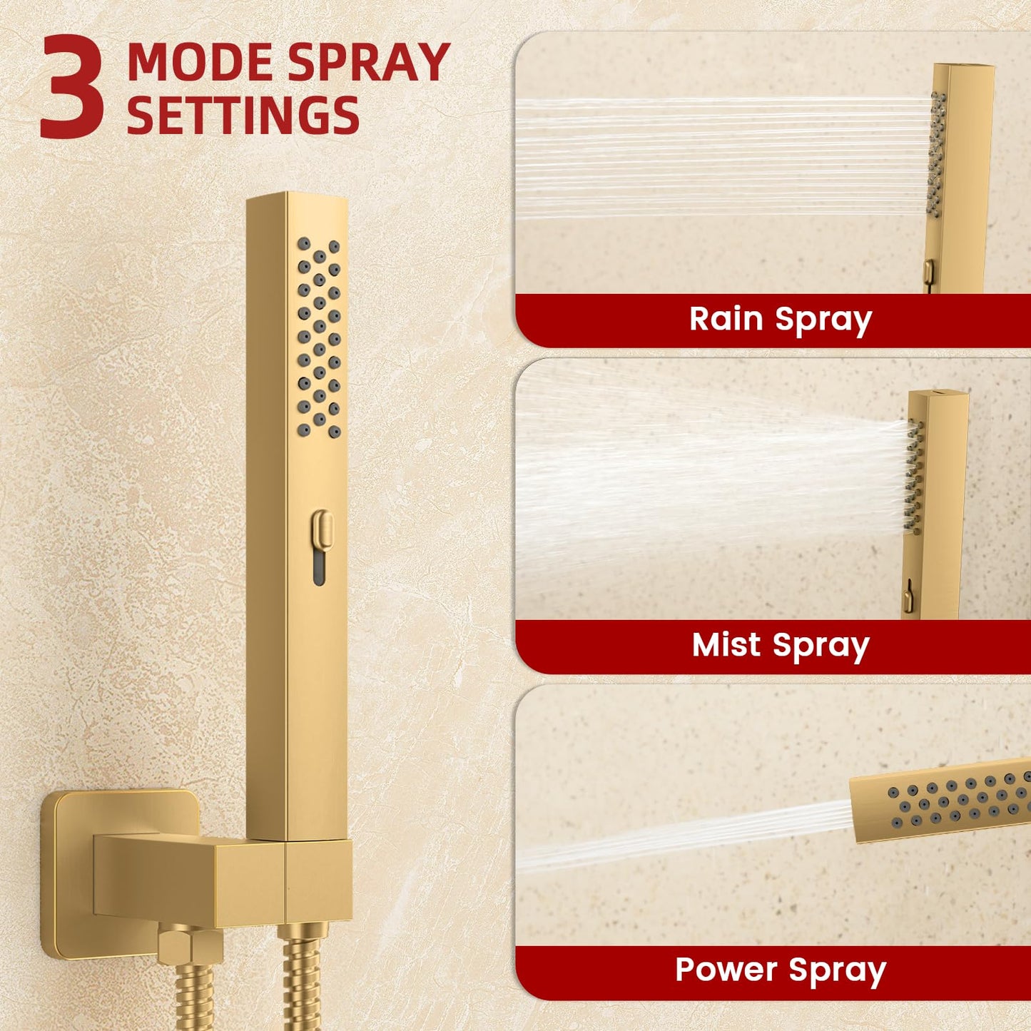 Push Button Diverter Shower Faucet Set Hydro Power Temperature Display, Shower System Wall Mounted 10" & 6" Shower Head with 3-Spary Handheld, Shower Fixtures with Valve and Trim Kit, Brushed Gold