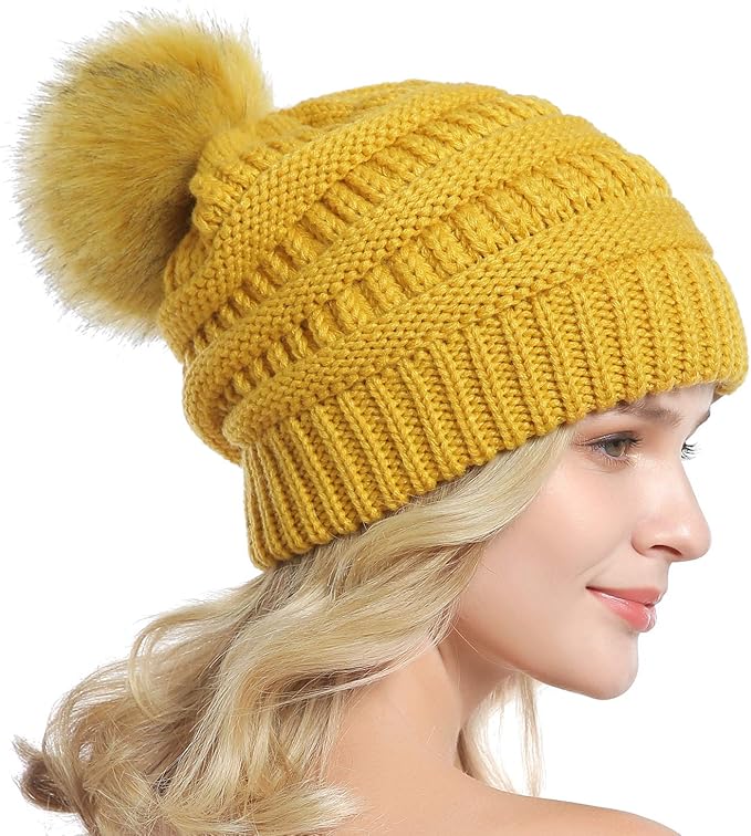 QUEENFUR Women Knit Slouchy Beanie Chunky Baggy Hat with Faux Fur Pompom Winter Soft Warm Ski Cap