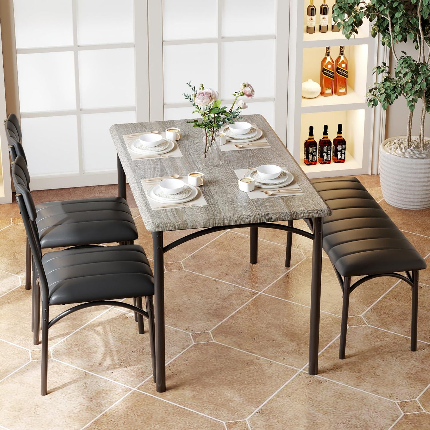 IDEALHOUSE Dining Table Set for 4, Kitchen Table with Chairs for 4, Rectangular Wood Dining Room Table Set with Upholstered Bench for Small Space, Dinner, Apartment, Retro Gray