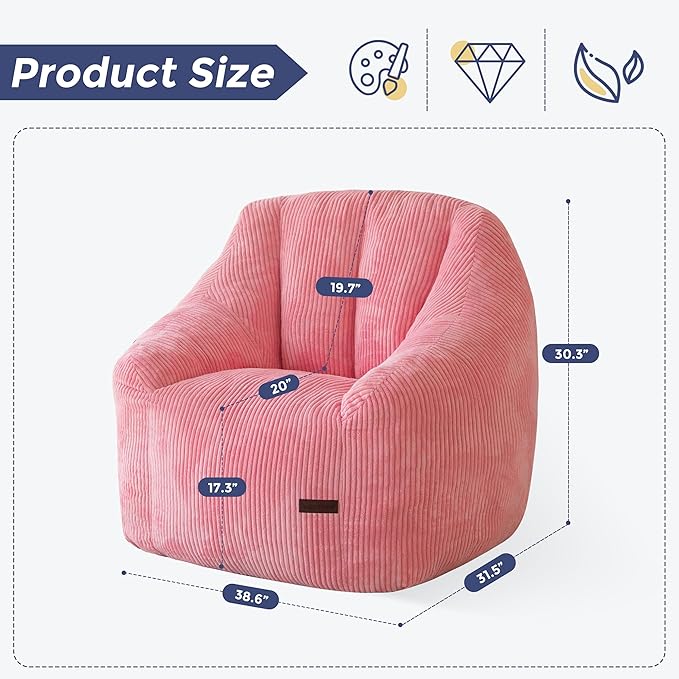 MAXYOYO Bean Bag Chair, Bean Bag Sofa with Filler, Cozy Living Room Chair for Adults and Kids, Stuffed Floor Sofa for Bedroom Dorm Reading, Pink