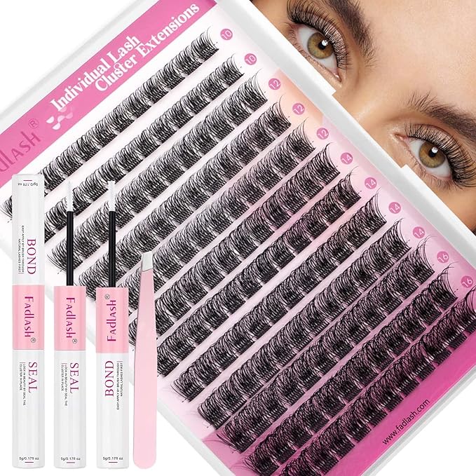 FADLASH Lash Clusters Kit 10-16mm Eyelash Cluster Lashes with Lash Bond and Seal Lash Tweezers DIY Lash Extension Kit (J03-07D-10-16 Kit)