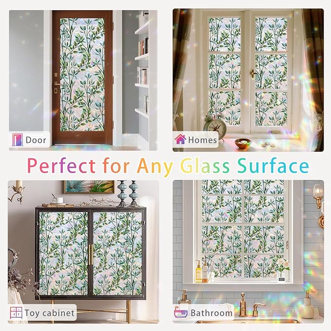 Leaf Stained Glass Window Film Static Cling with Tools - 17.5 x 78.7 Inch Non-Adhesive Privacy Decorative Rainbow Film for Windows, Doors, Sidelights - Easy Install & Remove
