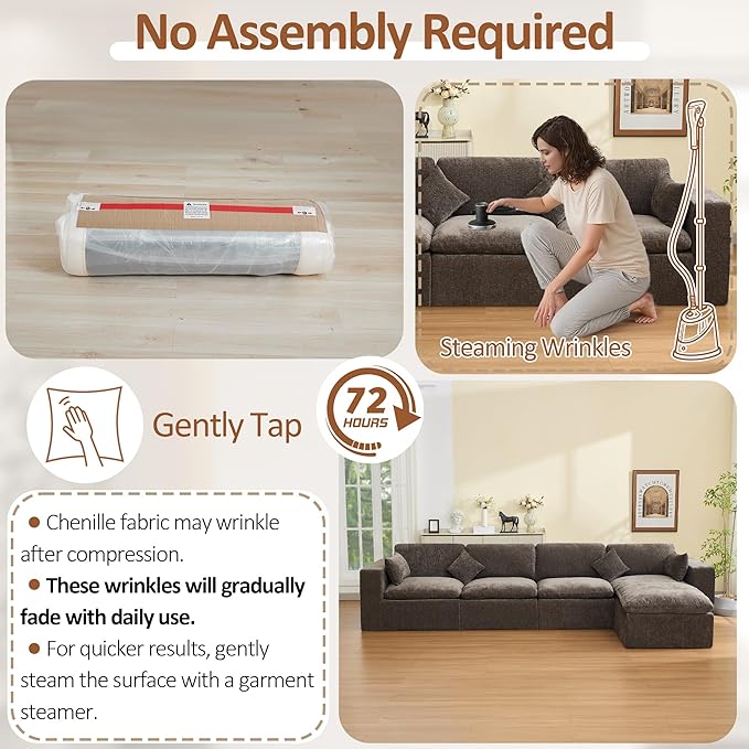 155''Cloud Boneless Sectional Couch, Modular Sectional Sofa Deep Seat with Ottoman, Oversized Upholstered Convertible Comfy 5 Seater Chenille Sofa L Shape Couches for Living Room, Brown