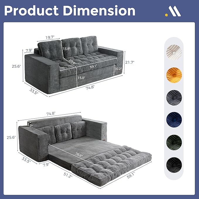 MAXYOYO Convertible Sofa Bed, Pull Out 3 Seater Sleeper Sofa, 2 in 1 Folding Couch Bed, Fold Out Floor Couch with Pillows for Living Room Bedroom Lounge, Dark Grey