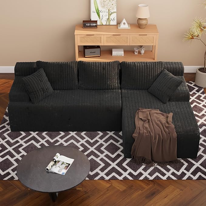 LAUSAINT HOME 96" Modular Sectional Sofa Couches, L-Shaped Boneless Cloud Sofa with 3 Deep Seat, 5 Cushiones Oversized Chaise for Living Room, Bedroom, Plush Corduroy Fabric (Right, Black)