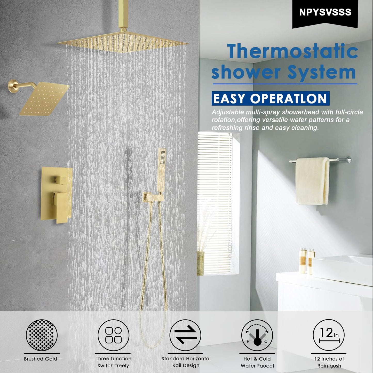 NPYSVSSS Shower System Dual Shower Heads with 12" Ceiling Mounted Rain Shower Head & 6" Wall Mounted Head Full Body Luxury Rain Shower System 3 Way Pressure Balance Valve Kit, Brushed Gold