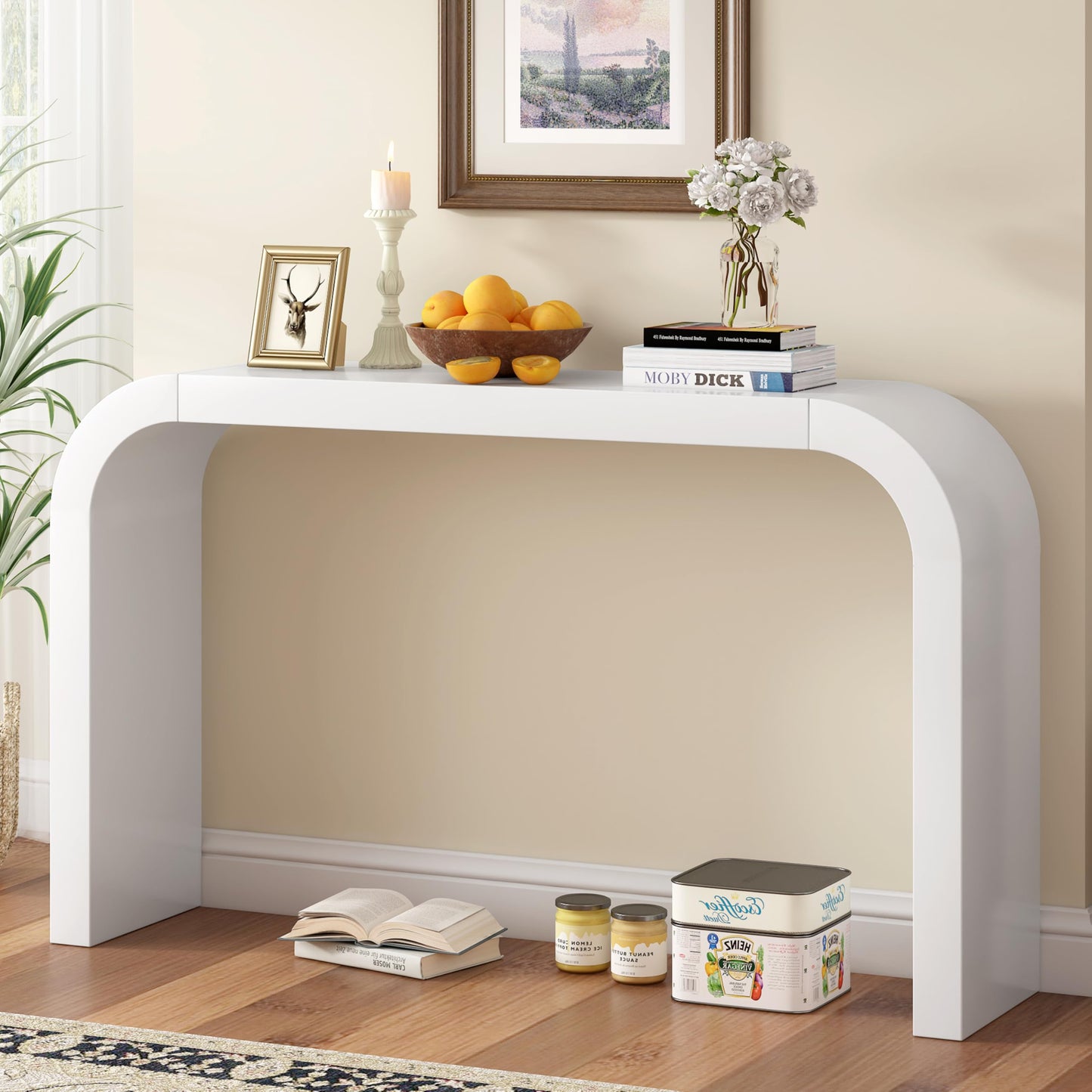 BSYEIO 52" Curved Console Table for Entryway Modern Long and Narrow Foyer Table Behind Couch for Corridor Living Room Wood (White)