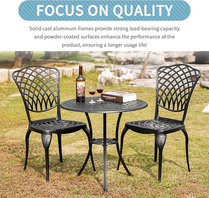 Withniture Bistro Set 3 Piece Outdoor Rust Resistant Bistro Table and Chairs Set of 2 with Umbrella Hole, Large Table Outdoor Bistro Set, Cast Aluminum Patio Set for Garden, Porch(Black)