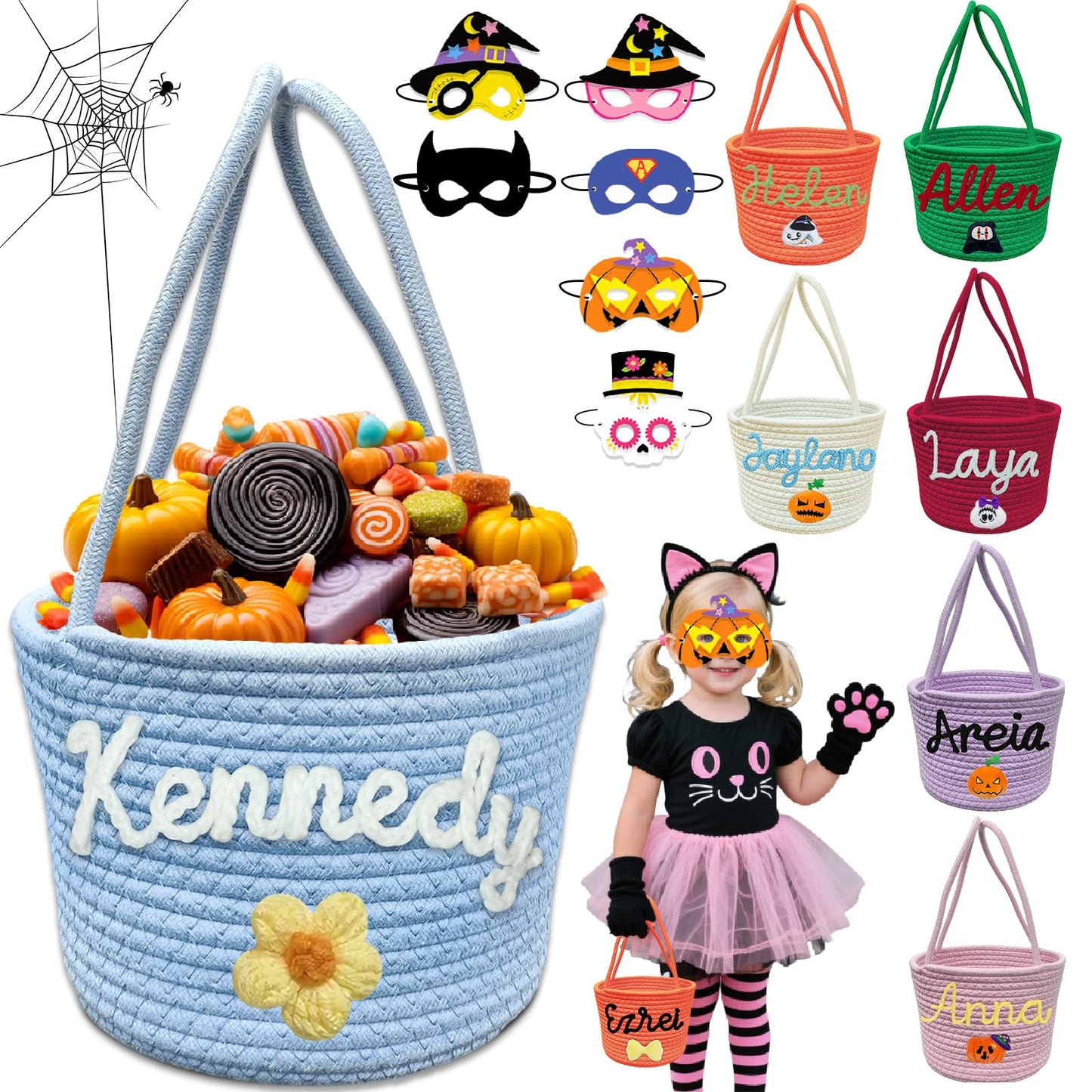 Personalized Halloween Basket Trick or Treat Bag Customized Name Custom Halloween Candy Buckets Gift for Boys Girls,Blue