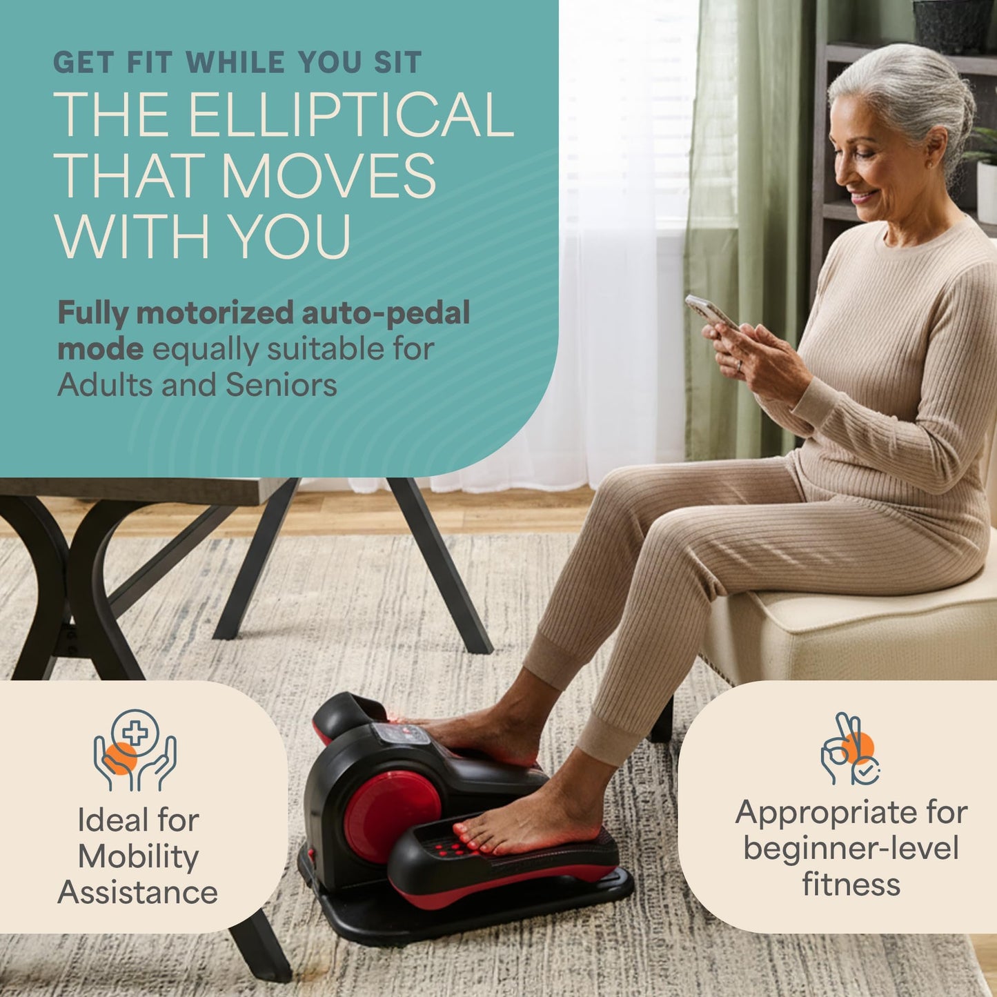 Lifepro AutoGlide Under Desk Elliptical Exercise Machine – Quiet Elliptical Machine for Home or Office – Portable Leg Exerciser While Sitting – Seated Pedal Exerciser for Seniors & Adults