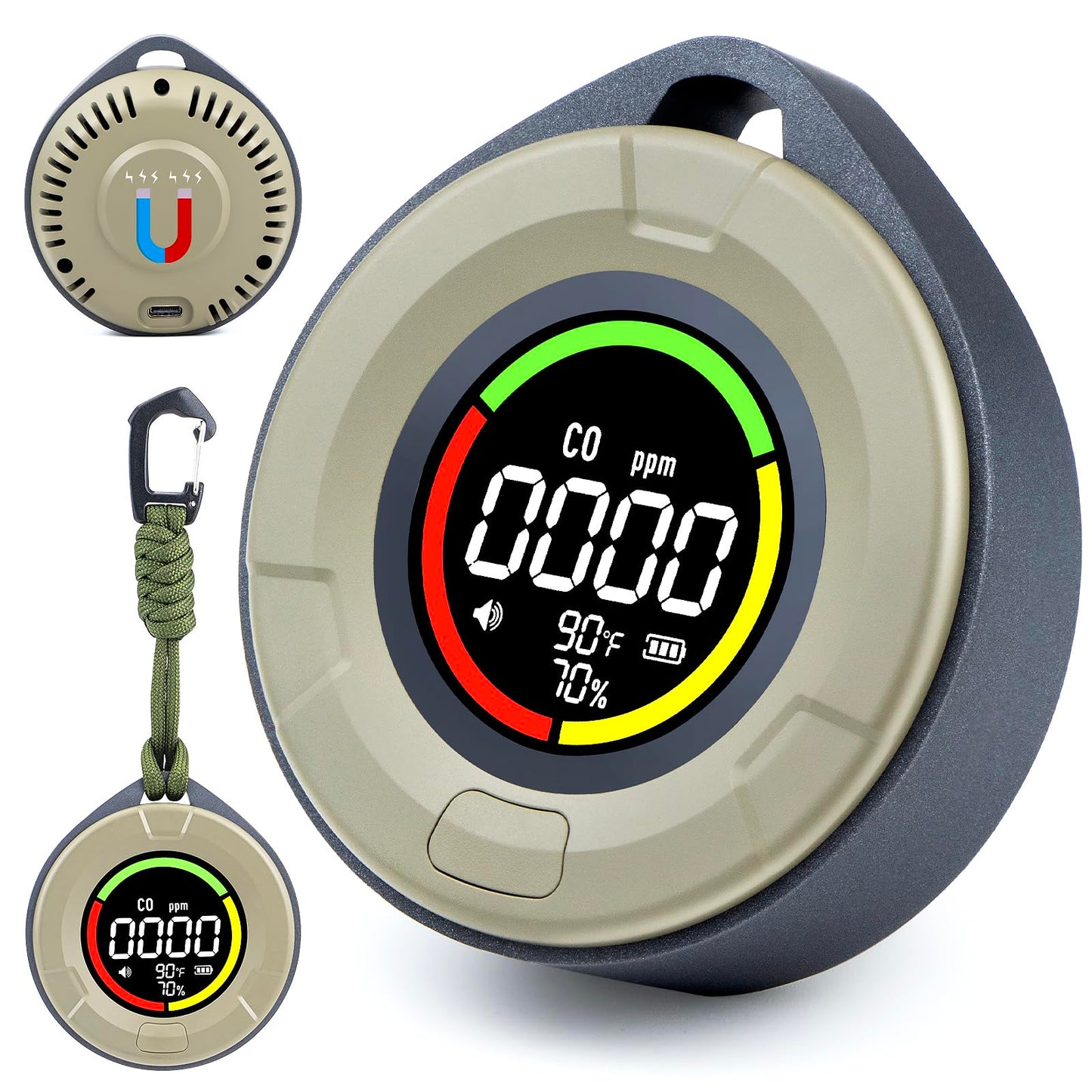 Pildegro 3-in-1 Portable Carbon Monoxide Detector, Professional Rechargeable Real-Time Travel CO Monitor 140HR Standby, Premium Reliable CO Detector with Loud Alarm for Air Safety (Grey/Courage)