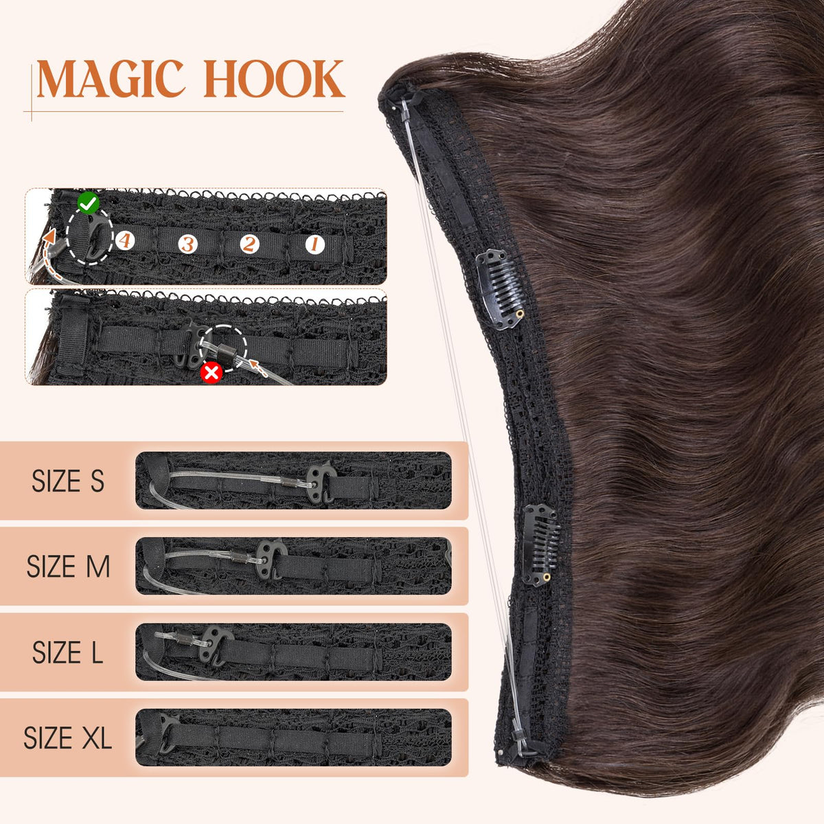 S-noilite Wavy Halo Hair Extensions Real Human Hair,16Inch Invisible Wire Hair Extensions,2 Clips Halo Extensions for Women(Dark