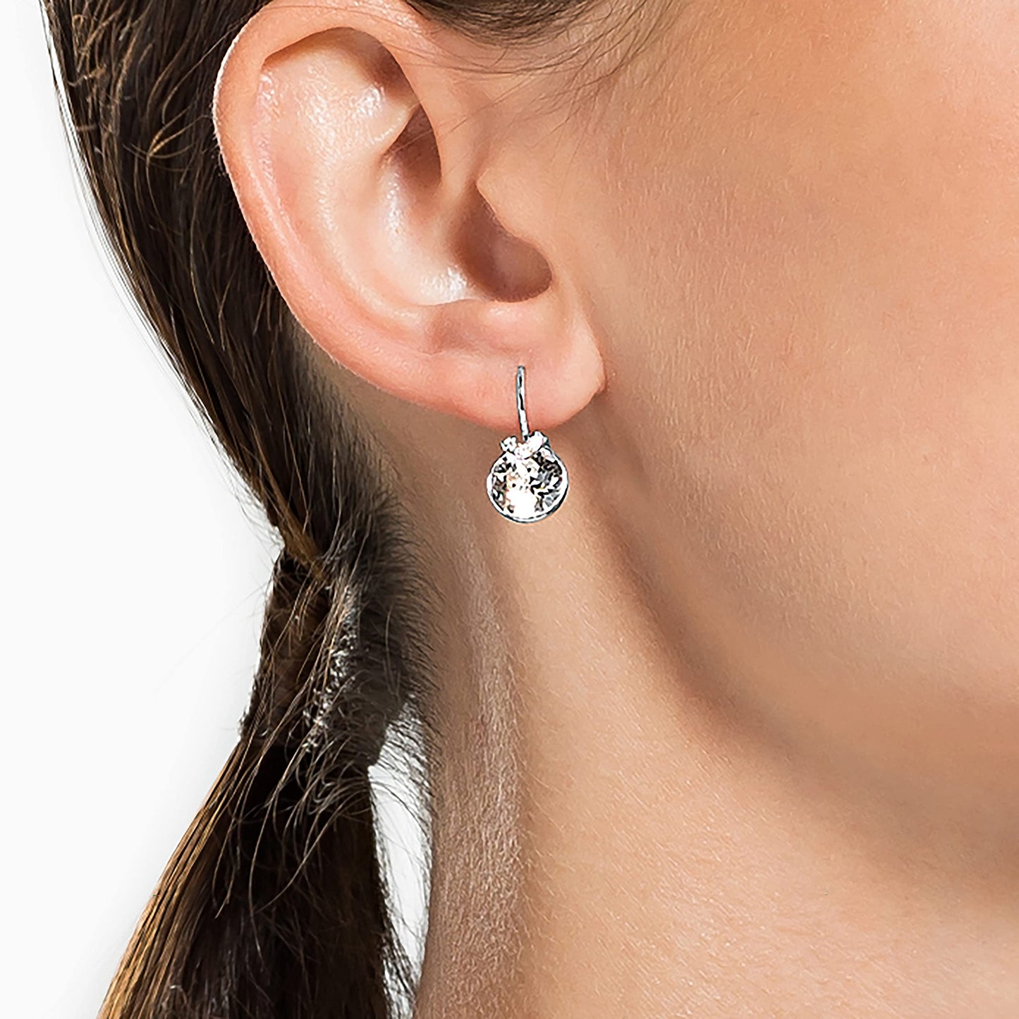 Swarovski Bella Drop Pierced Earrings with Round White Swarovski Crystals and Matching Pav   on a Rhodium Plated Setting