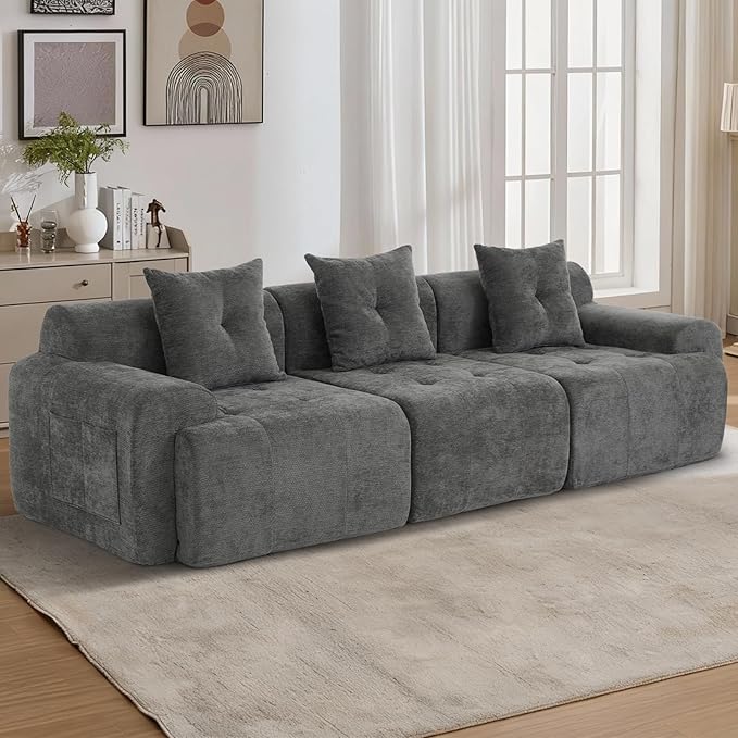 YAAREE 101.65” Modular Sectional Couch for Living Room, 3-Seater Cloud Sofa with Deep Seat, Woven Texture Upholstery Boneless Couch, No Assembly, Grey