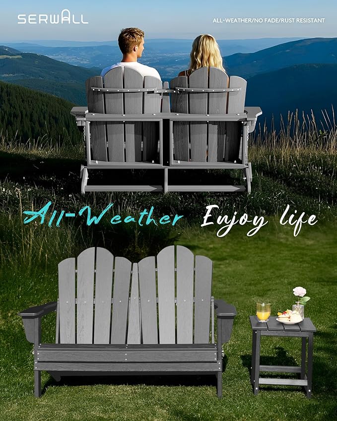 SERWALL Adirondack Bench, HDPE All-Weather Adirondack Loveseat, Outdoor Adirondack Chair for 2, Grey