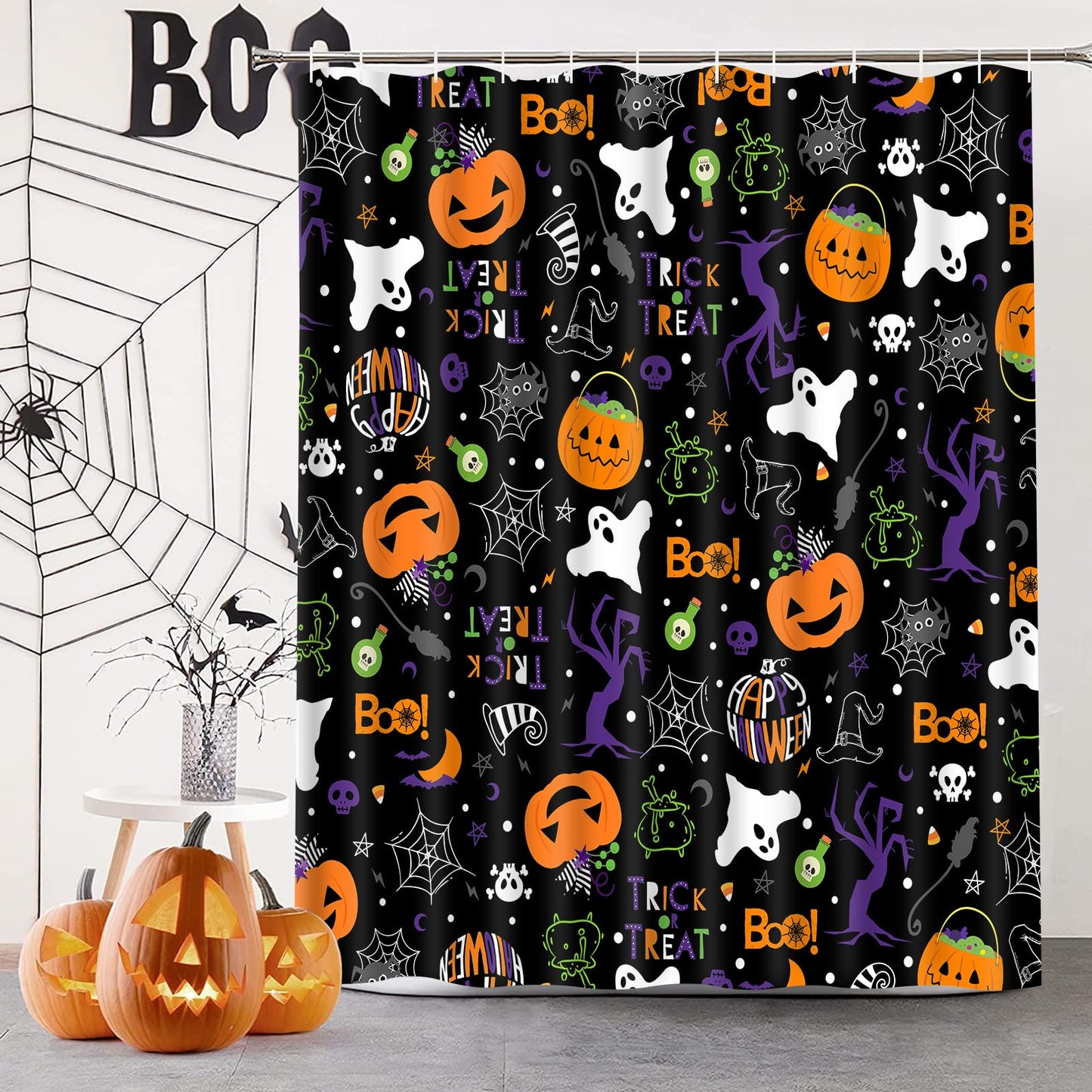 Claswcalor Halloween Pumpkin Shower Curtain Set Spooky Ghost Bathroom Sets with Shower Curtain and Rugs Spider Web Witch Shower Curtain with 12 Hooks, Moon Shower Curtains for Bathroom Decor