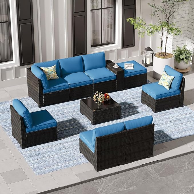 SunloungeCo 9 Pieces Outdoor Patio Furniture Set, Wicker Conversation Sets with Tea Table, Rattan Patio Sofa with Thick Cushions for Garden, Backyard Porch, Poolside,Peacock