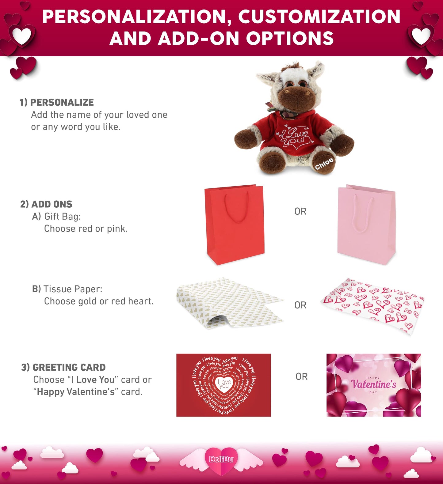 DolliBu I Love You Valentine Plush Floppy Donkey - Cute Stuffed Animal with Red Shirt and Name Personalization Gift for Valentines Day, Birthday, Anniversary, Romantic Date - 6.5 Inches