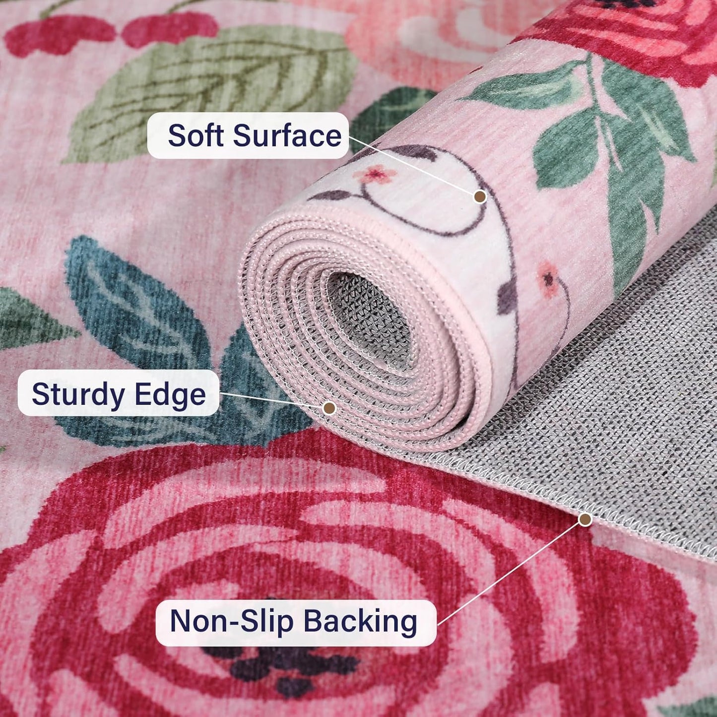 DUKINO 2.6x8 Kitchen Runner Rug for Hallway, Washable Runner Rug with Non Slip Backing, Low Pile Soft Boho Floral Carpet for Hallway, Kitchen, Entryway, Laundry, Bedroom, Pink