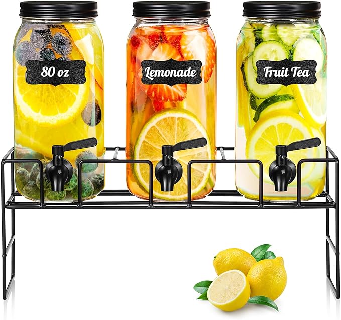 RimCereal 3 Pack 80 oz Glass Beverage Dispenser with Stand Clear Mason Jar Water Dispenser for Party, Fridge Includes Leak...