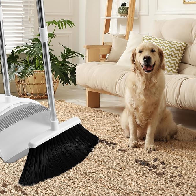 Broom and Dustpan Set, Broom with Dustpan Combo Set for Home 54-in Long Adjustable Handle Dustpan Teeth to Clean Hair for Home Office Kitchen Lobby