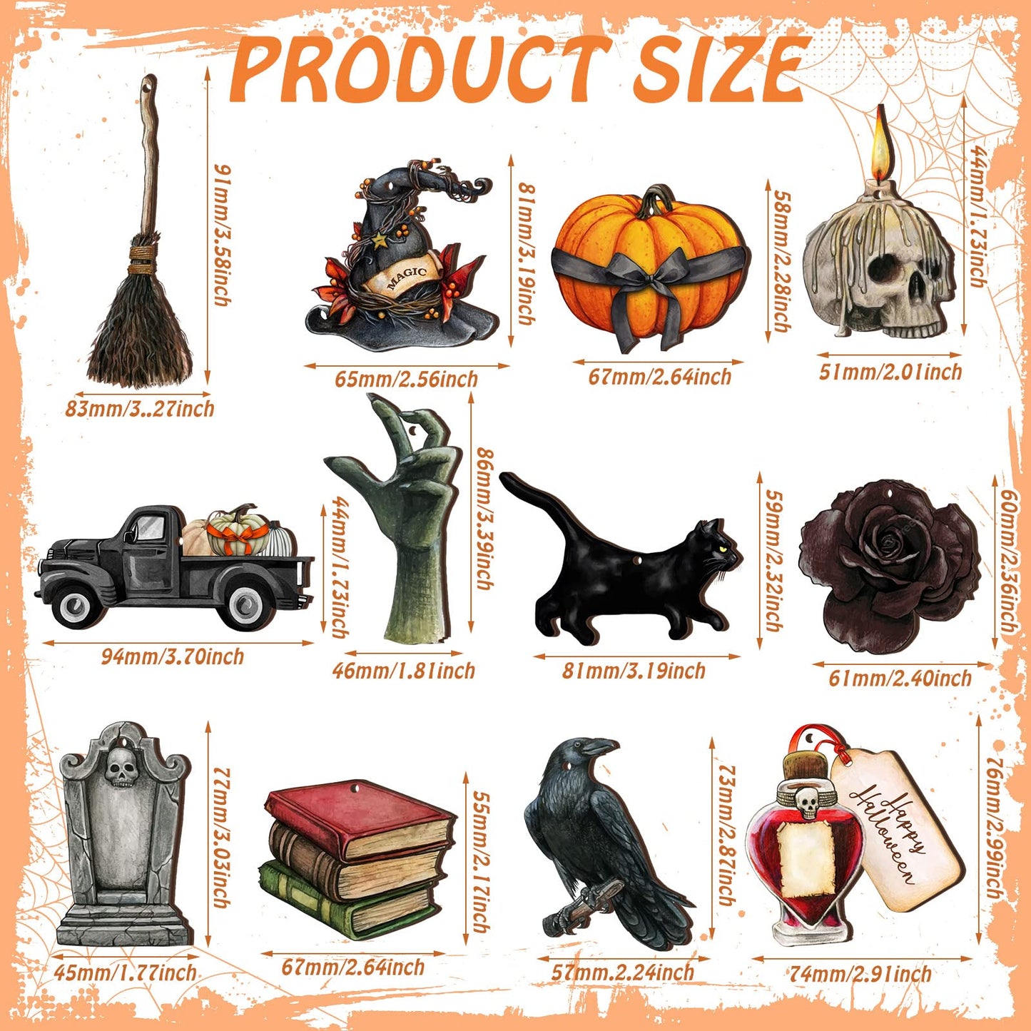 Maitys 36 Pcs Halloween Wood Ornaments for Tree Gothic Halloween Decorations Skull Black Cat Pumpkin Hanging Signs Witch Hats Finger Crow Wood Cutouts with Ropes for Home Small Tree Party Indoor Decor