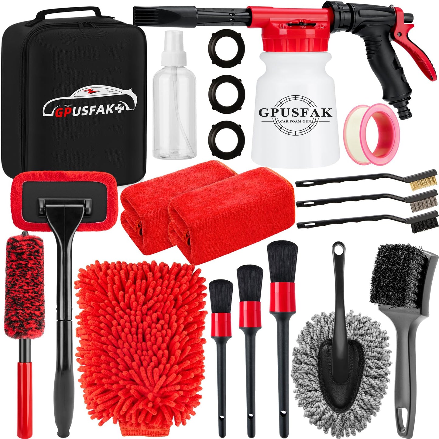 GPUSFAK 16Pcs Car Wash Cleaning Kit with Foam Gun Sprayer Detailing Brushes Windshield Cleaning Tool Rim and Tire Brush Towels Complete Interior Exterior Detailing Set for Car