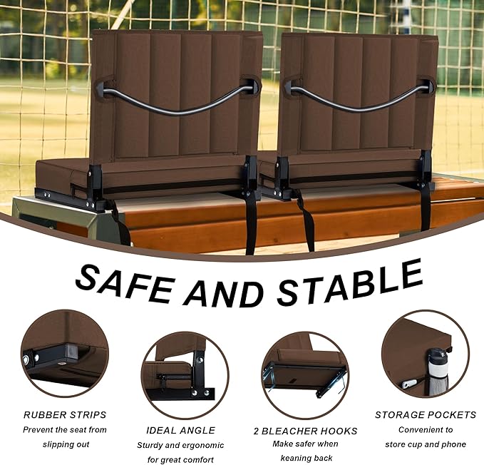 Aliphon Stadium Seat for Bleachers with Back Support and Cushion, Bleacher Seats with Shoulder Strap and Cup Holder, Padded Portable Folding Comfort Stadium Chair, for Sports Events, Brown (1pcs)