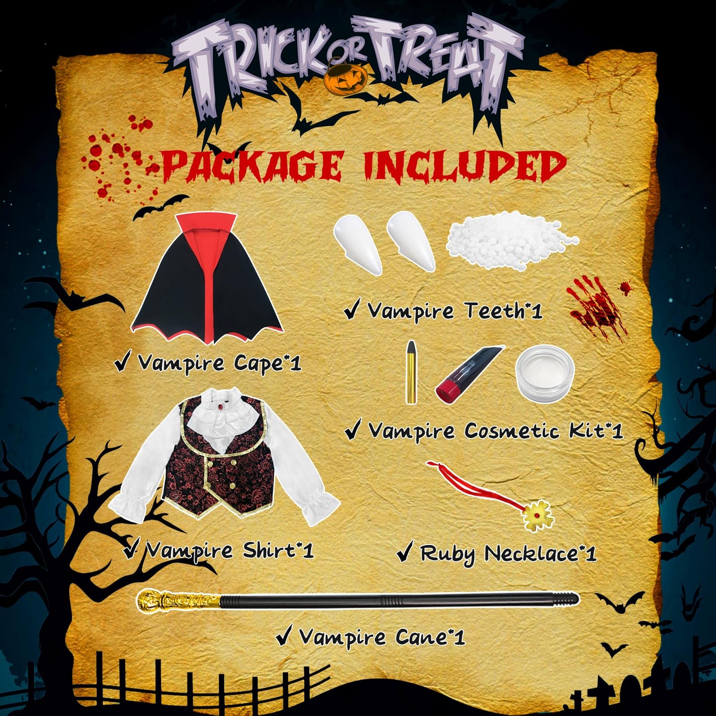 Vampire Costume for Boys Scary Halloween Party, Vampire Teeth Cosmetic Kit Included