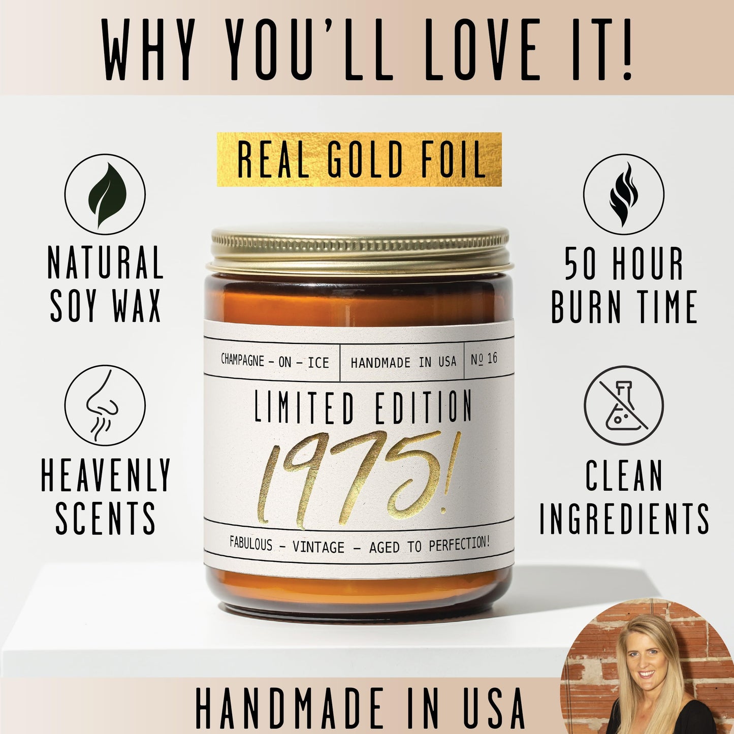 50th Birthday Gifts for Her, 50th Birthday Gifts for Women - 'Limited Edition 1975' Soy Candle, w/Champagne on Ice I 50 Year Old Gifts for Women I 9oz Reusable Jar, 50Hr Burn, Made in USA