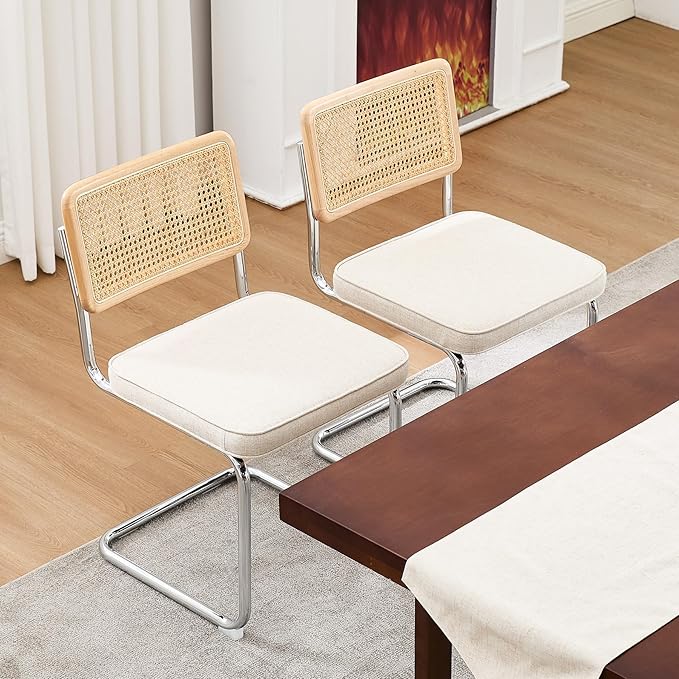 Zesthouse Natural Rattan Dining Chairs Set of 2, Mid Century Modern Dining Chairs with Solid Wood Back & Chrome Base, for Kitchen Living Room, Breuer Design Inspired, Upholstered Linen Fabric, Beige